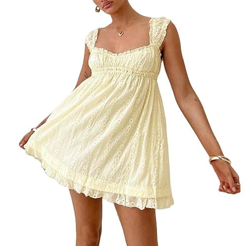 Women Sleeveless Mini Sundress Floral Embroidery Elastic Waist Aline Dress Square Neck Babydoll Short Dress - Image 1