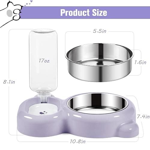 Dog Bowls, Cat Food and Water Bowl Set with Water Dispenser and Stainless Steel Bowl for Cats and Small Dogs - Purple thumbnail 5