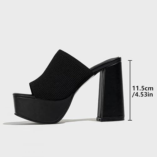 NELSBREXWomen'S Knitted Peep Toe Platform Chunky High Heel Slide Sandals Slip-On Square Open Toe Non-Slip Block High Heeled Backless Sexy Party Dress Mules Slippers for Club Events Prom thumbnail 5
