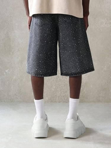 Jilwod Men's Baggy Jean Shorts Black Rhinestone Embroidered Jorts Loose Fit Denim Shorts Crystal Studs Casual Streetwear thumbnail 3
