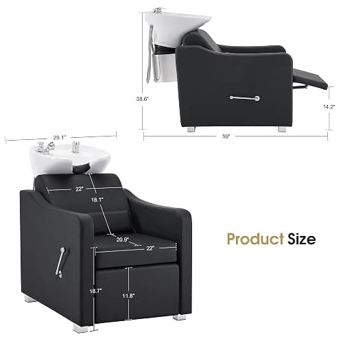 BarberPub Backwash Shampoo Station Chair, Adjustable Porcelain Ceramic Hair Wash Bowl with Chair, Shampoo Station for Barber Shop, Spa Beauty Salon Equipment 9364 (Black) thumbnail 3