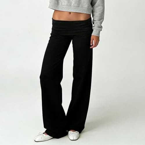 FOMOYUU Fold Over Lounge Pants for Women Y2K Low Rise Wide Leg Yoga Sweatpants Stretchy Foldover Pants Workout Bottoms thumbnail 3