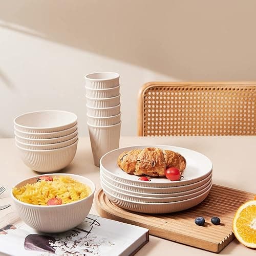 18pcs Wheat Straw Dinnerware Sets HXYPN Unbreakable Reusable Dinnerware Set Kitchen Cups Plates and Bowls Sets Dishwasher Microwave Safe Plates thumbnail 2
