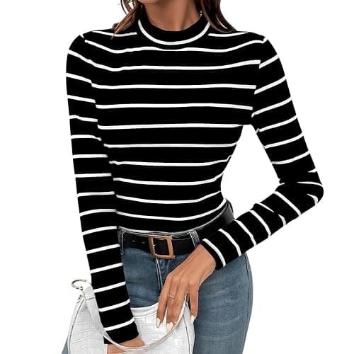 Floerns Women's Mock Turtleneck Long Sleeve Slim Fit Stretch Striped T-Shirts Tunic Tops Fall Fashion Trendy Outfits Clothes - Image 1