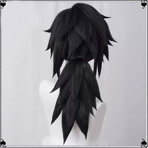 GZIRUE Giyu Giyuu Tomioka Wig Cosplay Black Fluffy Spiky Hair Costume Wig with Ponytail Wig Cap thumbnail 3