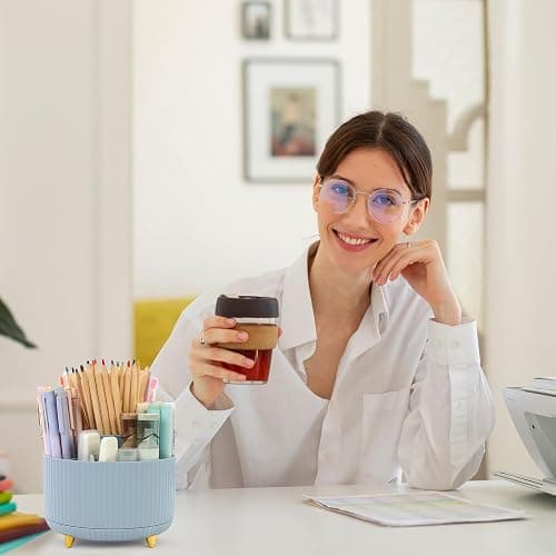 SKYDUE 360 Degree Rotating Desk Organizer, Dual-Purpose Pencil Pen Holder, Rotating Desk Pen Organizer with 5 Slots, Pencil Cup for Office, School, Home (Airy Blue) thumbnail 7