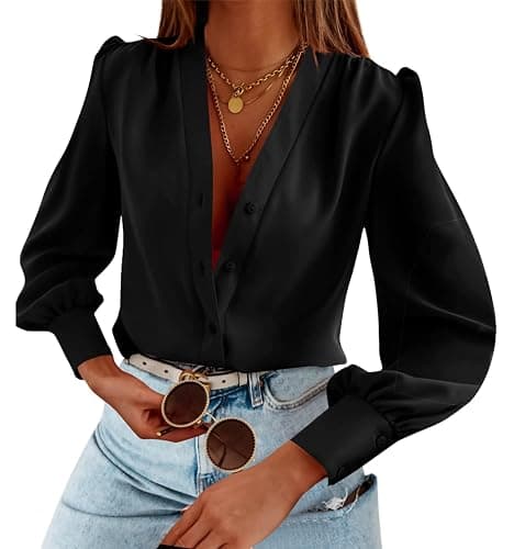 Women's Business Casual Tops Summer Long Sleeve Button Down Shirts V Neck Chiffon Blouses - Image 1