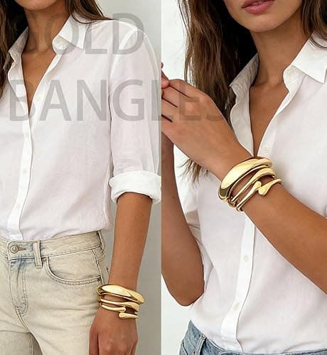 Chunky Gold Bangle Bracelets for Women, Dainty 14k Gold Plated Big Stackable Bangles Set, Trendy Statement Cuff Bracelet Stack Fashion Jewelry Gifts thumbnail 2