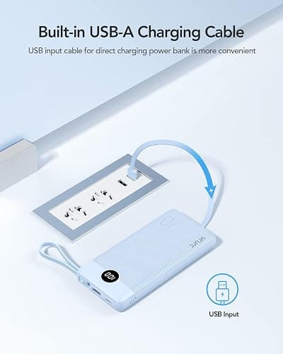 VRURC 10000mAh Power Bank Built-in Cables, Portable Charger with LED Display, Slim Travel Battery Pack with Cords, 5 Output Dual Input Phone Charger for Cell Phone Smart Devcies-Blue(1 Pack) thumbnail 3