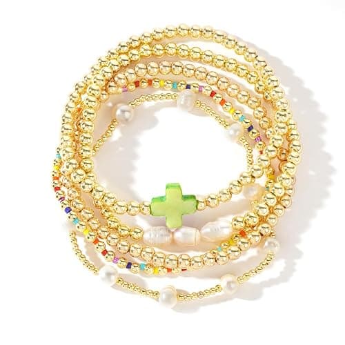 SHINUS BOHO 14K Gold Pearl Beaded Cross Bracelets Stack Set for Women,Stretch Boho Colorful Christian Beads Ball Jewelry Trendy Gift - Image 1