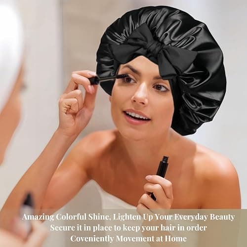 VECIIR Silk Bonnet for Sleeping Women, Ajustable Hair Bonnet for Curly Hair with Tie Band Shower Caps Black，Large thumbnail 3