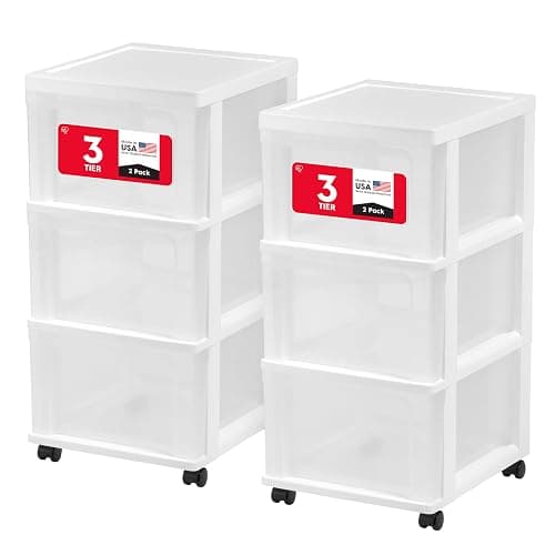 *BOUGHT, Heather* IRIS USA Plastic 3-Drawer Storage Organizer Rolling Cart, with Wheels Casters, 2-Pack, for Classroom Art Supplies Bathroom Dorm Bedroom Laundry Room, Slim Narrow, White/Clear - Image 1