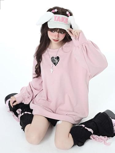 OATSBAS Women's Cute Sweatshirts Love Heart Print Y2K Bow Tie Lace Up Cute Loose Casual Long Sleeve Top thumbnail 6