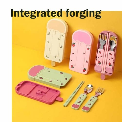 3-Piece Portable Stainless Steel Cutlery Set with Case - Cartoon Ice Cream Shapes, Mirror Polished Fork, Spoon, Chopsticks (Pink) thumbnail 4