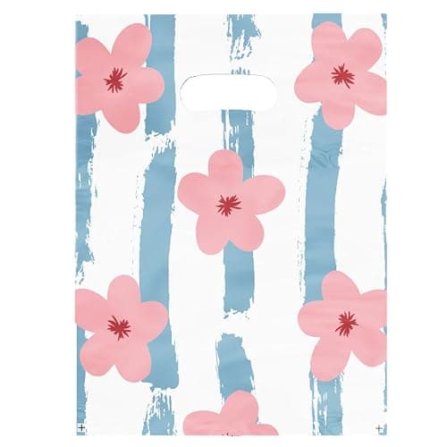Joyhey 100 Count 5.8" x 7.8" Plastic Merchandise Bags, Shopping Retail Boutique Bags with Die Cut Handles - Striped Flowers - Image 1