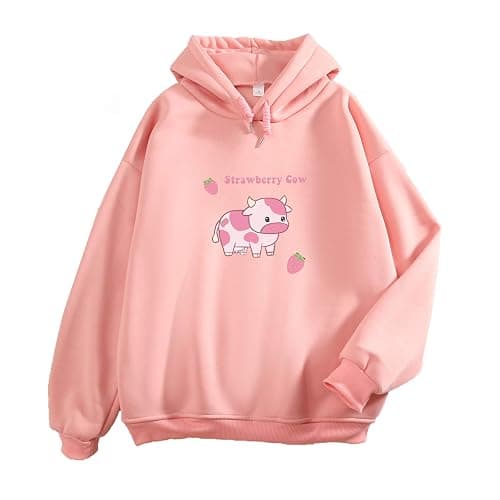 KEEVICI Pullover Sweatshirts for Women Cute Strawberry Cow Print Hoodie Casual Fuzzy Top - Image 1