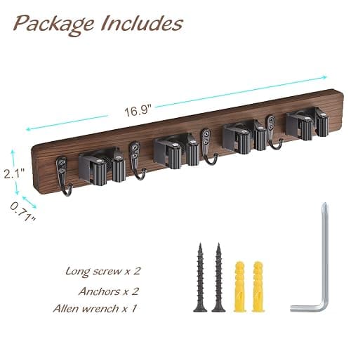 OUTNILI Mop and Broom Holder Wall Mount - Rustic Wood Broom Mop Hanger - Wall Mounted Garden Tool Rack Organizer for Closet Garage Laundry Room Kitchen Decor With 4 Slots & 4 Hooks thumbnail 3