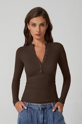 QINSEN Button Down Shirts for Women V Neck Long Sleeve Ribbed Knit Slim Fit Basic Tee Tops thumbnail 5