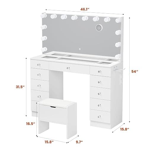 SMOOL Vanity with Mirror and Lights - 46" Vanity Desk with Outlet and 11 Drawers, 3 Color Lighting Modes Adjustable Brightness, Glass Top Makeup Table with Soft Cushioned Stool for Bedroom (White) thumbnail 2