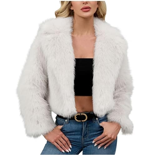 Womens Faux Fur Cropped Coat Luxury Lapel Long Sleeve Fleece Jacket Plush Open Front Cardigan Windproof Outwear Coats Winter Warm Super Soft Thick Short Jackets Parka Fluffy Tops Solid Color - Image 1