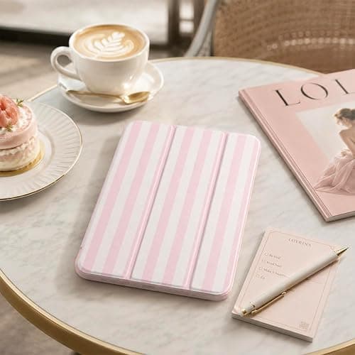 Loyrina Case for iPad (A16) 11th/10th Gen 2025/2022, Pink White Striped | Pink White Striped Design Folio Tablet Cover with Clear Back, Pencil Holder and Trifold Stand for Coquette Style Users thumbnail 2