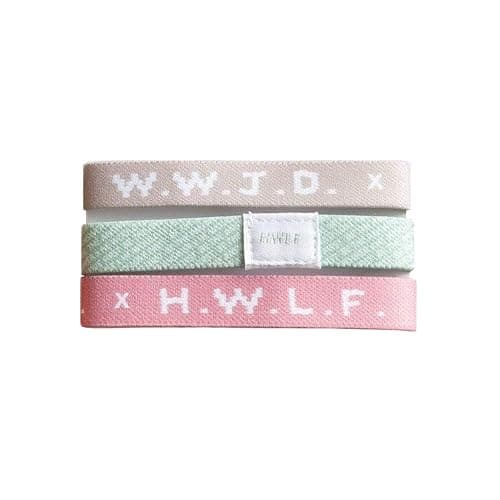 He would Love First WWJD HWLF Bracelets Natural Elastic 3-Pack x What Would Jesus Do Bracelets | Reversible HWLF x WWJD Bracelets in Mauve, Sand, & Green | Fit All Wrist Sizes - Image 1