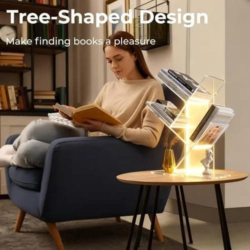 YiXinHo Small Bookshelf with Light, 3 Tier Acrylic Short and Petite Bookcase, Mini Tree Bookshelf for Compact Spaces/Desk/Living Room Decor/Bedroom/Apartment Decor/DVD Storage thumbnail 3