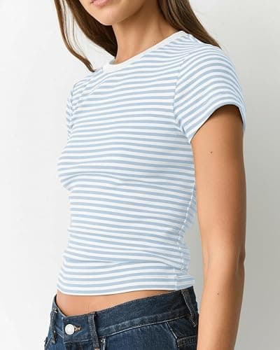 BAIGRAM Women Preppy Striped Short Sleeve Crop Tshirt Tops Y2K Aesthetic Crewneck Slim Fit Baby Tee Summer Minimalist Outfits thumbnail 3