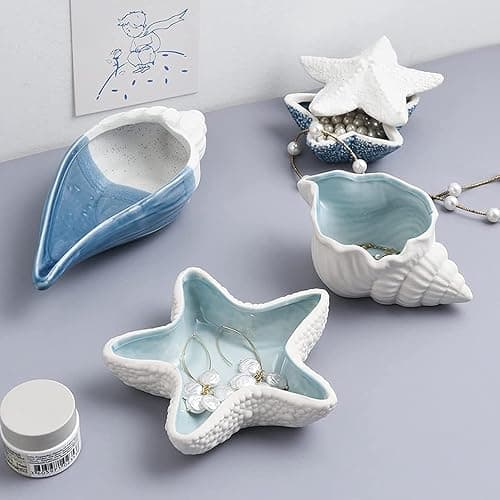 Linfye Starfish Jewelry Dish Tray - Ceramic Ring and Trinket Holder - Ocean Style Table Decoration for Earrings and Candy Storage thumbnail 2