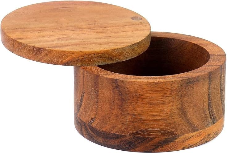 Kaizen Casa Acacia Wood Salt or Spice Box with Swivel Cover perfect for keeping table salt, gourmet salts, herbs or favorite seasonings, close at hand on your countertop. thumbnail 6