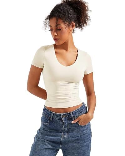 SUUKSESS Women Double Lined Fitted Basic Tee Sexy V Neck Short Sleeve Y2K Crop Top thumbnail 4