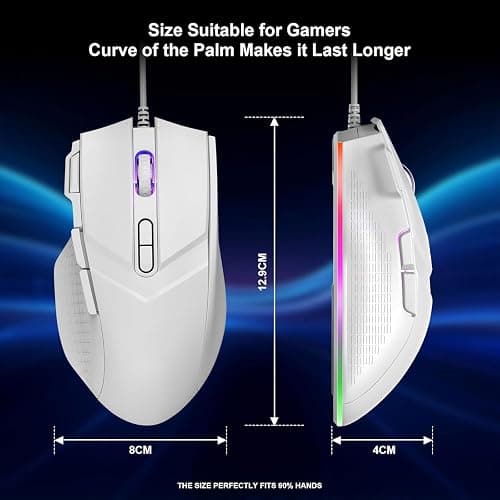 LEWENTECH Gaming Mouse 6 Adjustable DPI Up to 7200 Wired PC Gaming Mouse 8 Programmable Buttons 13 Adjustable RGB LED Modes 1.5 M Drag-Free Paracord Ergonomic Mouse Windows/PC/Mac/Laptop (White) thumbnail 7