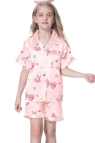 Umeyda Women & Girls Pajamas Set, Soft Satin Lightweight Silk Button-Down Top with Shorts 2 Piece PJS for Mom Boys Kids Gifts thumbnail 3
