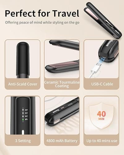 Cordless Flat Iron,Portable Mini Hair Straightener Travel for Bangs,Short Hair, Rechargeable Curling Iron for Touch Ups (Black) thumbnail 7