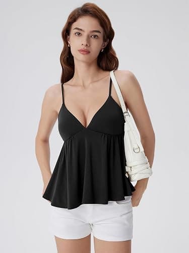 SUUKSESS Women V Neck Babydoll Tank Tops with Built in Bra Summer Cute Peplum Cami Going Out Tops thumbnail 5