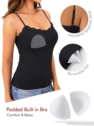 GKBK Built in Bra Womens Padded Lace Tank Tops Double Lined Spaghetti Strap Fitted Layering Club Night Party Cami Shirt thumbnail 3