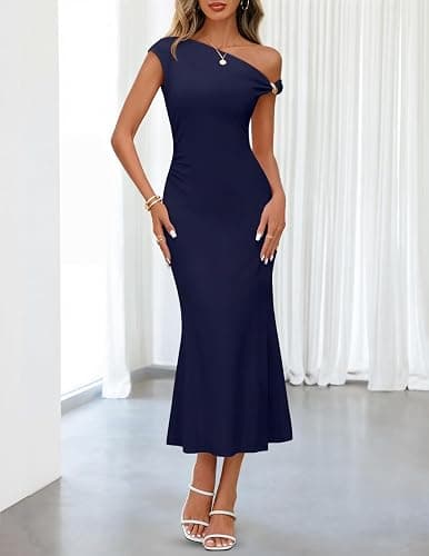 MEROKEETY Women's Wedding Guest One Shoulder Dresses 2026 Summer Formal Elegant Cocktail Party Midi Dress thumbnail 7
