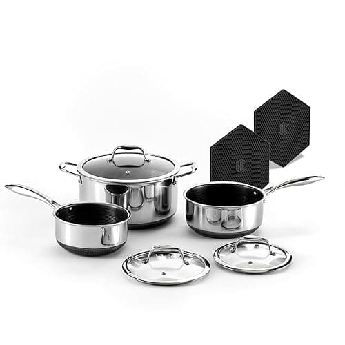 HexClad Hybrid Nonstick 18-Piece Cookware Set, 2, 3, and 8Qt Pots with Lids, 2 Silicone Trivets, 8", 10", and 12" Pans with Lids, 7Qt Chicken Fryer with Lid, and 14" Wok with Lid, Stay-Cool Handles thumbnail 3