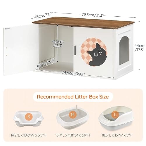 HOOBRO Cat Litter Box Enclosure with Cute Cat Patterns and Arched Entrance, Hidden Litter Box Enclosure Furniture, 31.3"L x 17.7"W x 17.3"H, Litter Box Cabinet, Side Table, White and Walnut WH08MW01 thumbnail 2