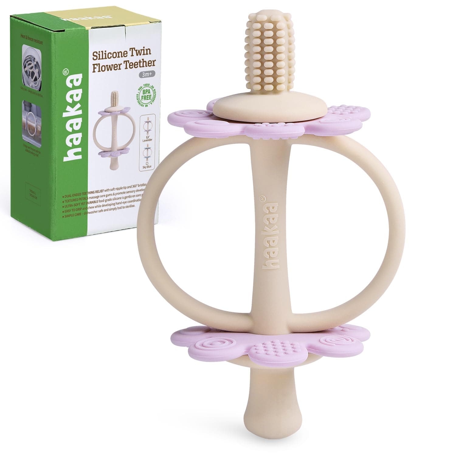 haakaa Silicone Twin Flower Teether,Nipple-Shaped End for Gum Massage,360° Baby Toothbrush Head for Self-Brushing Training,Easy to Grip- Lavender - Image 1