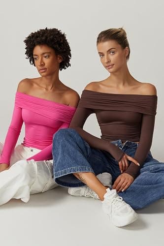 QINSEN Womens Off The Shoulder Tops Double Lined Long Sleeve T Shirts Slim Fitted Stretchy Crop Top thumbnail 6