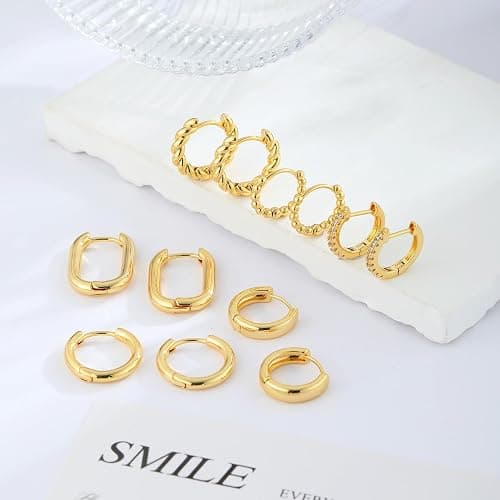 14K Gold Hoop Earrings for Women Lightweight Chunky Hoop Earrings Multipack Hypoallergenic, Thick Open Twisted Huggie Hoops Earring Set Jewelry for Gifts thumbnail 7