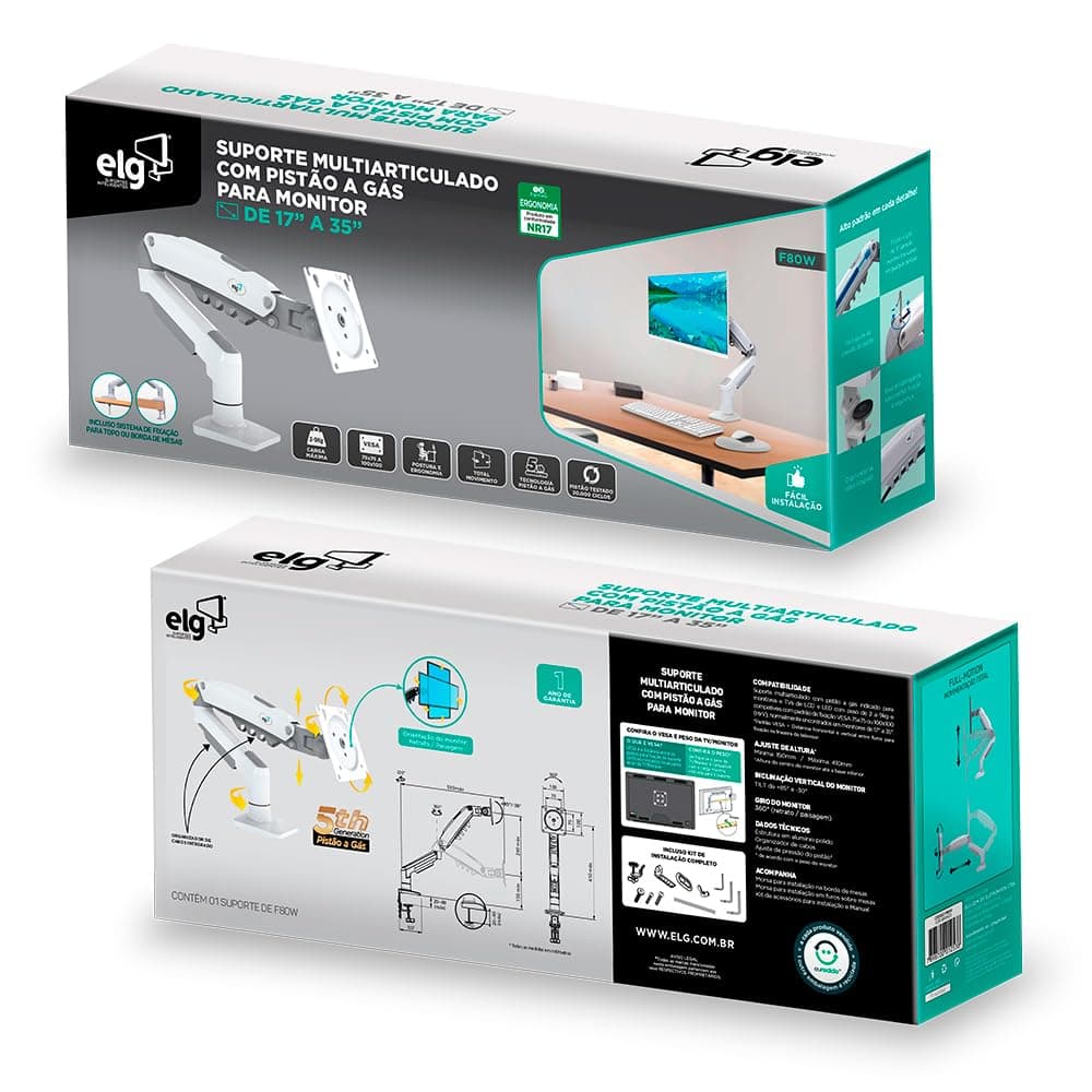 Suporte Articulado de Mesa com Pistão a Gás para Monitores de 17' a 35' Branco - F80W ELG thumbnail 9