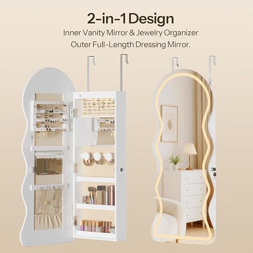 HOOBRO LED Mirror Jewelry Cabinet, Wall/Door Mounted Jewelry Organizer, Jewelry Aromire with Wavy Mirror Full Length, Lockable Jewelry Storage Cabinet, Interior Mirror, 16.5" x 4.1" x 43.3", White thumbnail 8