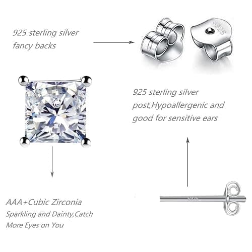 925 Sterling Silver Stud Earrings, 4 Pairs Square Cubic Zirconia Stud Earrings Set for Women Men 3 4 5 6mm thumbnail 2