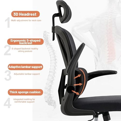 XUEGW Ergonomic Office Chair Computer Desk Chairs with Flip-up Armrests and Lumbar Support, High Back Mesh Gaming Chairs Rolling Work Swivel Task Chairs with Adjustable Headrest thumbnail 4