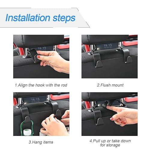 Car Back Seat Headrest Hooks, 4 Pack Black Stylish Back Seat Hanger for Car Handbag Clothes Coats Grocery Bags, Car Interior Accessories (Black2) thumbnail 4