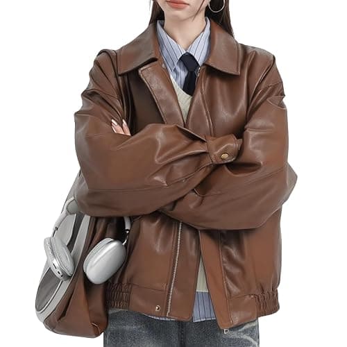 OrbiflexY Womens Oversized Faux Leather Bomber Jacket Fashion Motorcycle Coats Outfits Clothes Y2k Tops - Image 1