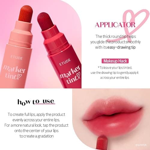 ETUDE Dear Darling Marker Tint #1 Raspberry Pop (5g) | Hydrating & Long Lasting Lip Stain | High Pigmented Lip Maker with Easy Drawing Tip | Korean Daily Lip Tint, Korean Makeup, Kbeauty - Raspberry Pop thumbnail 8