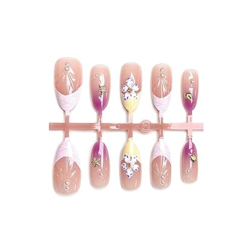 30pcs French Tip Press on Nails Medium Almond False Nails Summer Beach Style Seashell Starfish Flower Pattern 3D Handmade French Almond Shape Fake Nail Rhinestones Nails for Women Daily Wear thumbnail 4